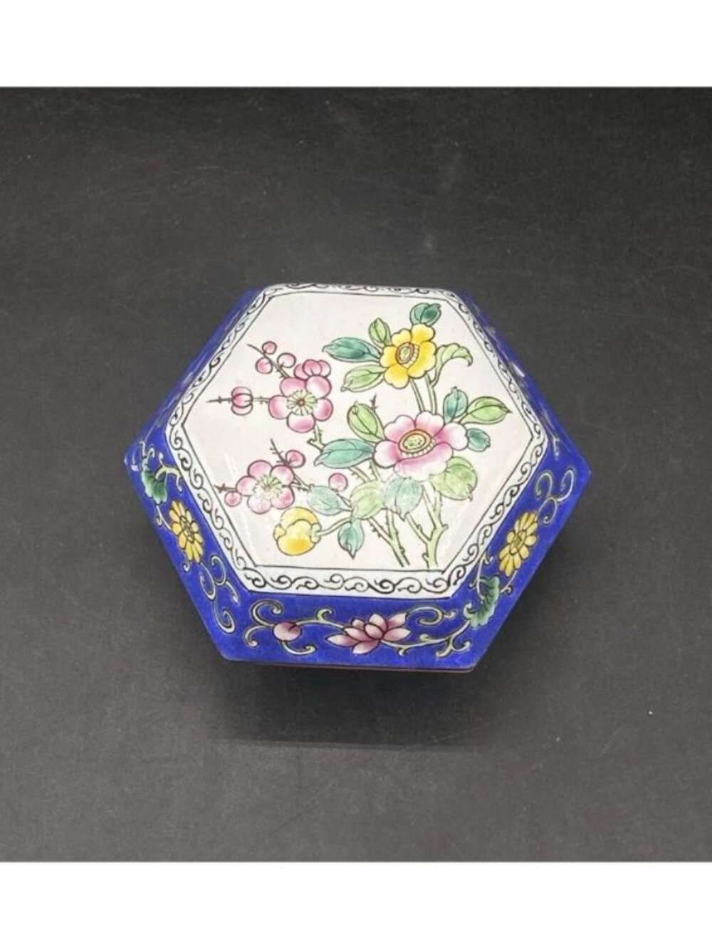 Hexagon Enamel Trinket Box Hand Painted Metal Book Designs Knobler 6 Sides READ - Picture 10 of 12
